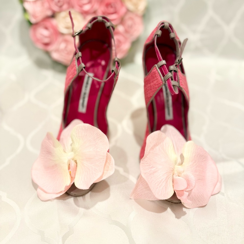 Up-cycled Manolo Blahnik Orchid heels sandals shoes 40 leather slingback straps - Picture 5 of 11